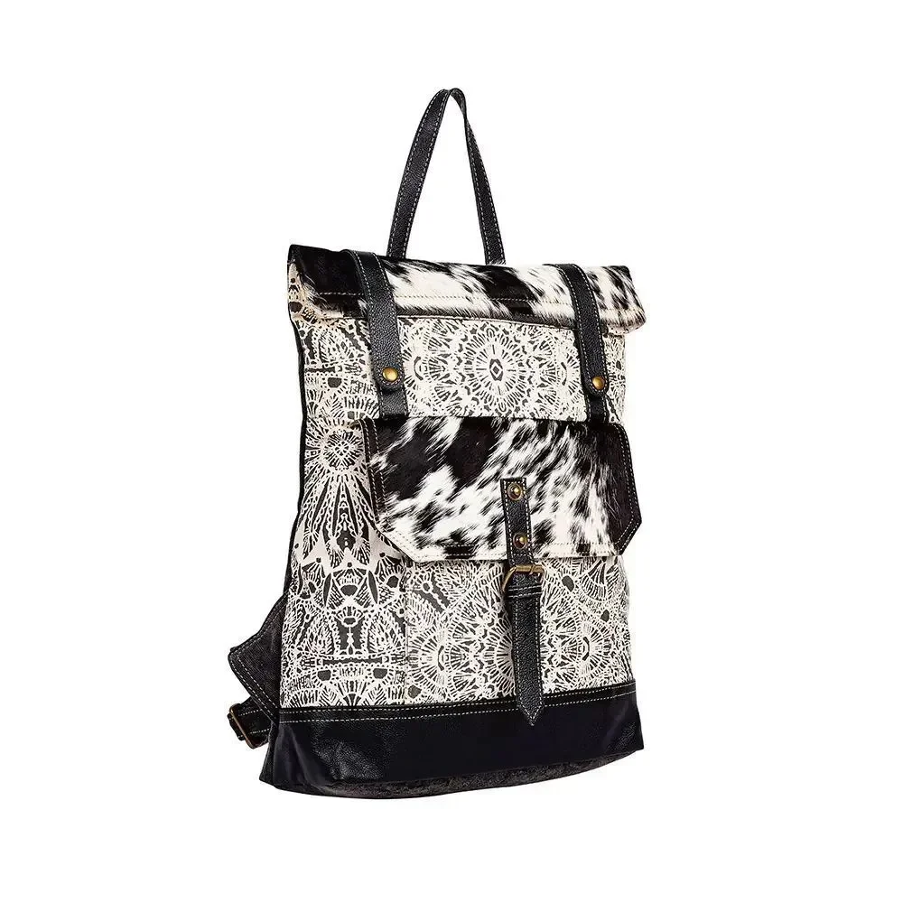 Myra Bag Handmade Le Medallion Backpack Upcycled Canvas & Cowhide Leather